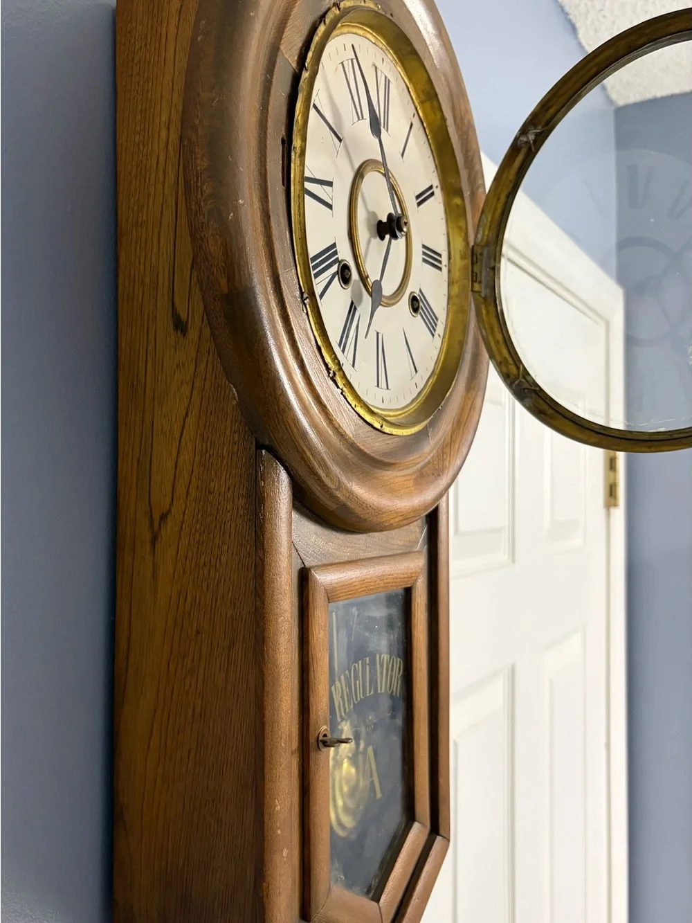 Antique Oak Regulator A Wall Clock – 8-Day Key Wind, Works Great!